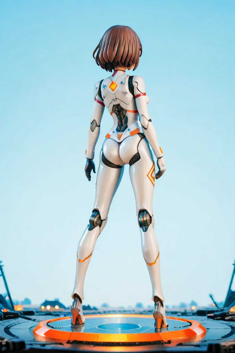 A japanese beautiful girl, short curvy hair, scifi, wear real metal white-red robot suit, stand at stratosphere looking down to our blue earth. Full body angle, view from the back, the blue moon is far away in the background