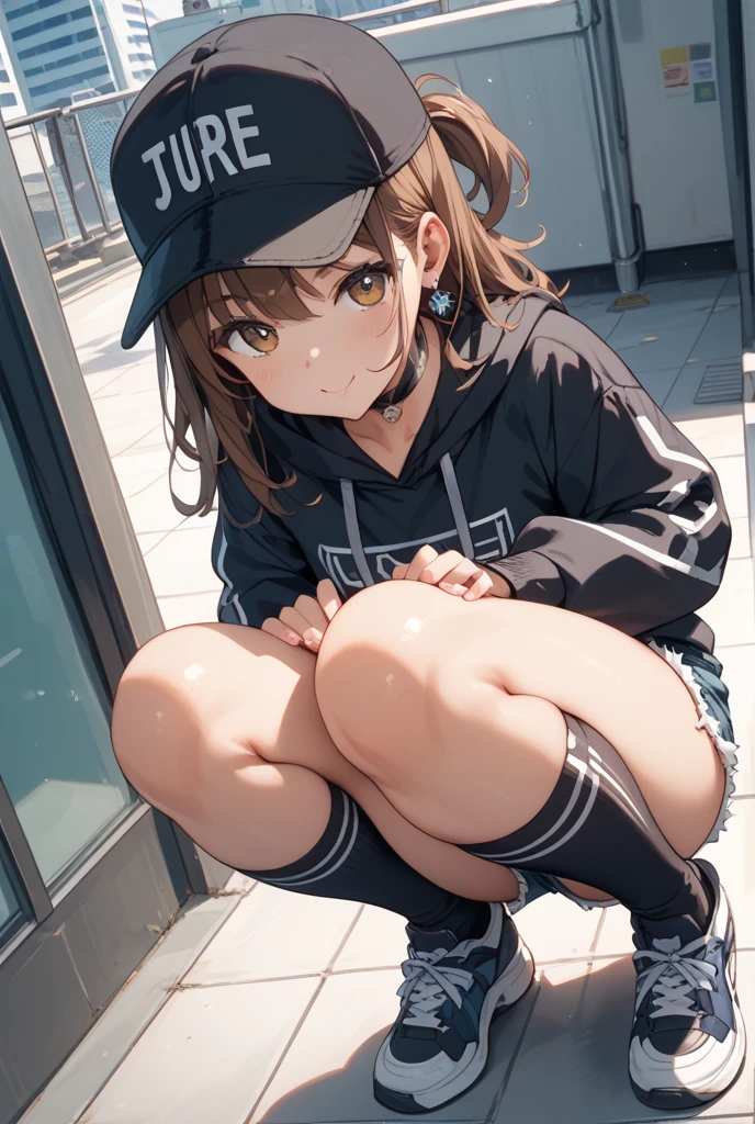 Irohaisshiki, isshiki iroha, short hair, Brown Hair, (Brown eyes:1.5), happy smile, smile, Close your mouth,blush,rain,Baseball hats,Pink oversized hoodie,V-neck shirt,mini skirt,Black pantyhose,short boots,Sitting leaning against the wall、,Hiding in a roofed building,whole bodyがイラストに入るように,
break outdoors, Building district,
break looking at viewer,whole body,
break (masterpiece:1.2), Highest quality, High resolution, unity 8k wallpaper, (figure:0.8), (Beautiful attention to detail:1.6), Highly detailed face, Perfect lighting, Highly detailed CG, (Perfect hands, Perfect Anatomy),