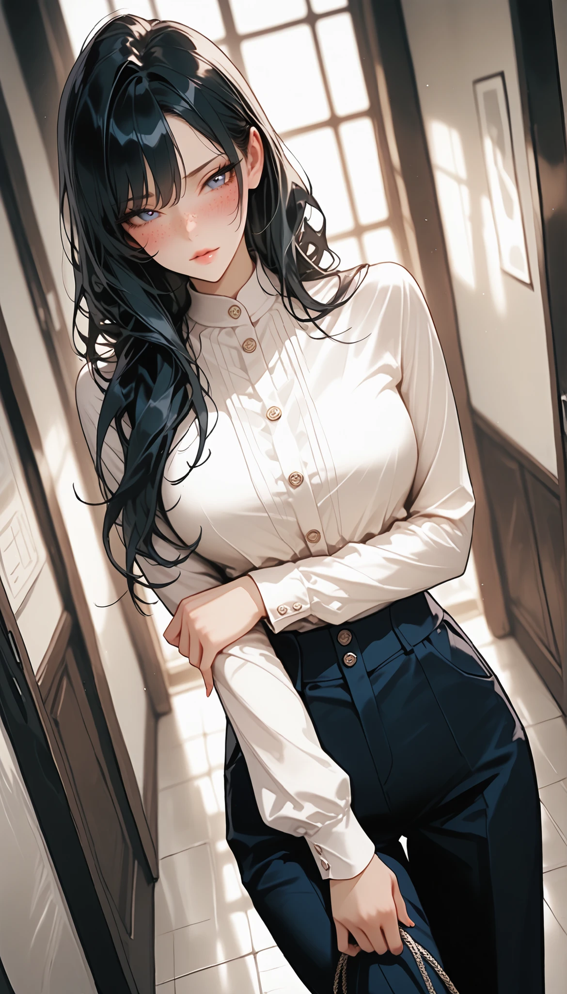 masterpiece, best quality, cinematic lens effect, highly dramatic picture, beautiful eyes , ultra cute, ultra sexy, beautifully medium shaped breasts, ultra detailed, 8k, dutch angle, medium full length, ((Supermodel)), Anime, blush, Beautiful Women, Blush, freckles, Long Black hair, seductive pose, Long Sleeve White Blouse, Buttons, pants, In Love, All Naughty, Cheerful, Blush