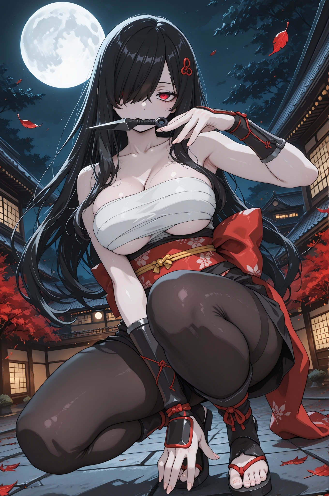 kamado nezuko, 1girl, slit pupils, sharp teeth, vampire, veins, blood, big breasts, ((aged up)), brown hair, buckle, cleavage, collarbone, big breasts, cowboy shot, dutch angle, fingernails, full moon, gradient hair, holding, holding sword, holding weapon, horns, japanese clothes, kimono, large breasts, licking, licking blood, licking hand, long hair, looking at viewer, moon, multicolored hair, night, obi, oni horns, open clothes, open kimono, orange hair, red eyes, red nails, sash, sharp fingernails, single horn, solo, standing, underwear, very long hair, weapon, white belt, ((masterpiece))