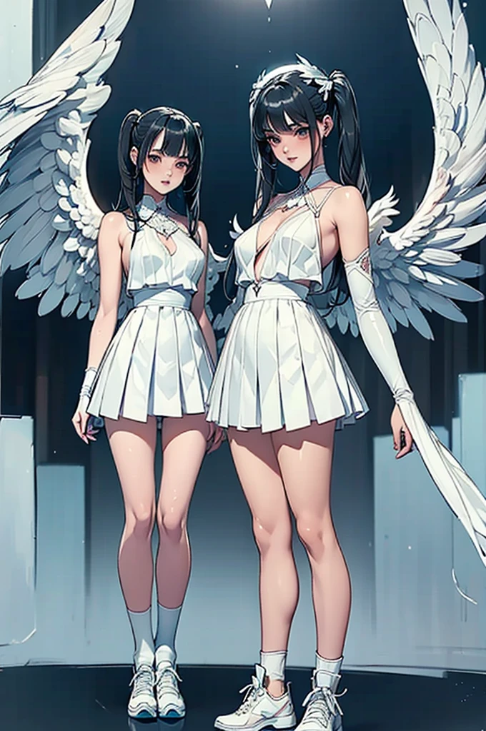 Highest quality,Highest Resolution,Smiling beautiful girl in maid leotard,White angel wings on your back,Halo,High leg,Frills,Knee-high stockings,front,whole body,up,universe,Milky Way,meteor,Very beautiful eyes,