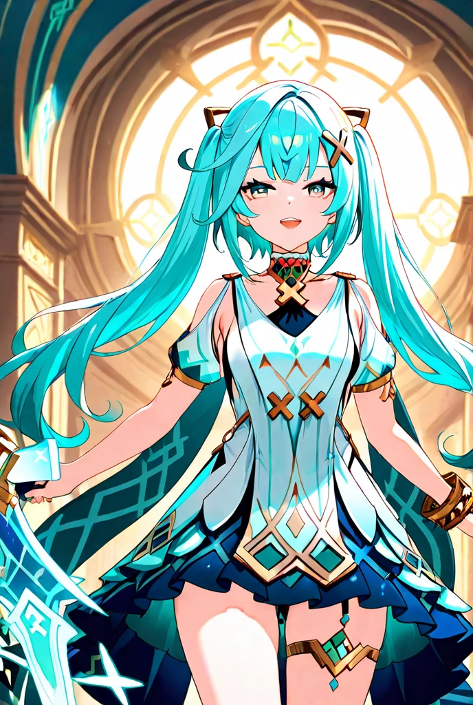 young girl, long turquoise hair, turquoise eyes, cat ears, Smile, black chinese tight top, Upskirt, Masterpiece, hiquality