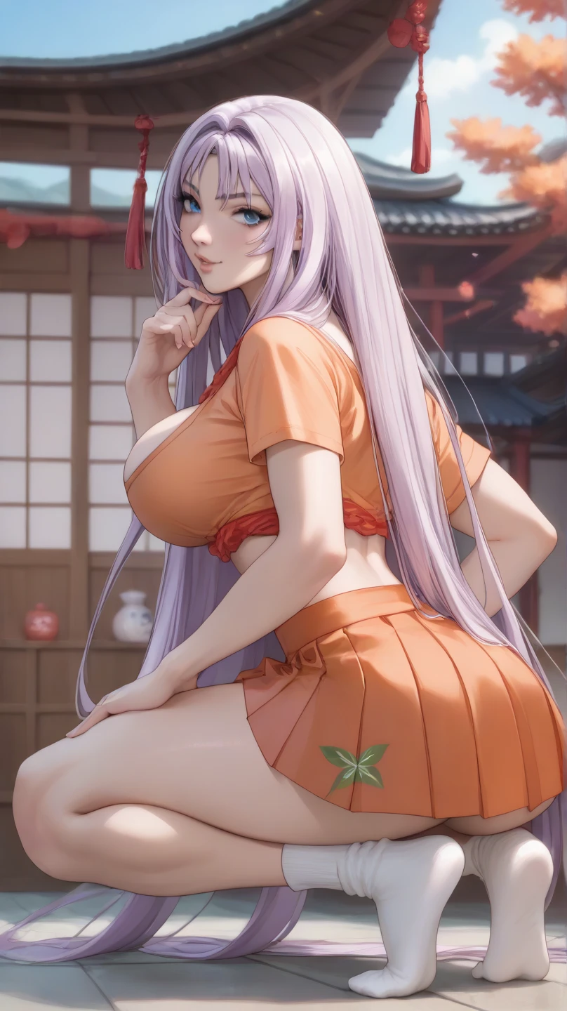 masterpiece, best quality, highres, Amira, long hair, bangs pinned back, topknot, large breasts,wearing kimono, cleavage, cowboy shot, standing, outdoors, bar, smile, shy, blushing smile,