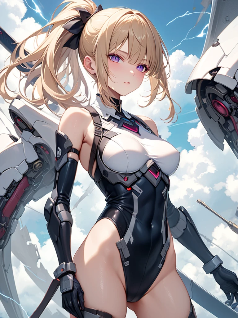 Smiling girl in a revealing see-through mechanical micro bikini in yellow and orange with shiny wet skin,Gal-like ponytail,Fully transparent glass texture micro bikini armor,水色ライトの透明なMechanical Armor,(Highest quality),(8k),Mechanical Armor,Show all,(Thinly visible genitals),Accentuated breasts,Mechanical firearms equipment,Eyebrows rise,Bullish expression,Blonde,Don't blush,Laugh with your mouth closed,Standing on a white floor,White background,(Show the whole body),View your viewers
