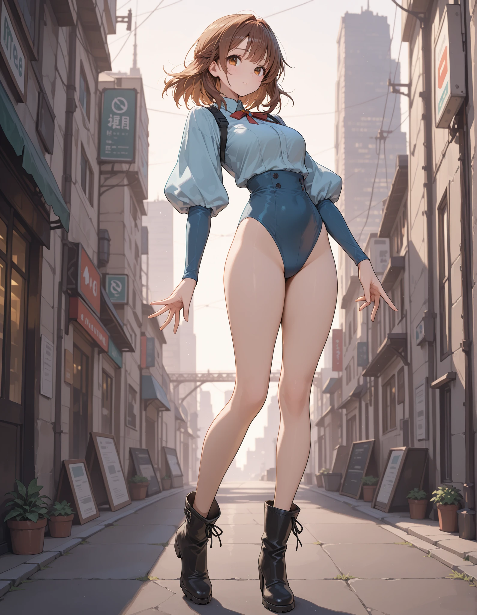 (((pixel-perfect, detail-perfect))), 1girl, medium breasts, suit, ((leotard, highleg leotard, light blue leotard)), bare legs, shoes, city backdrop, solo, single, outstretched arms, standing, spins fast in place like a tornado, tornado winds, speed lines, motion blur, full body shot, cowboy shot, beautiful detailed eyes, blonde hair, short hair, wavy hair, high school backdrop, outdoors, mature lady, teacher, perfect body, good proportions, 