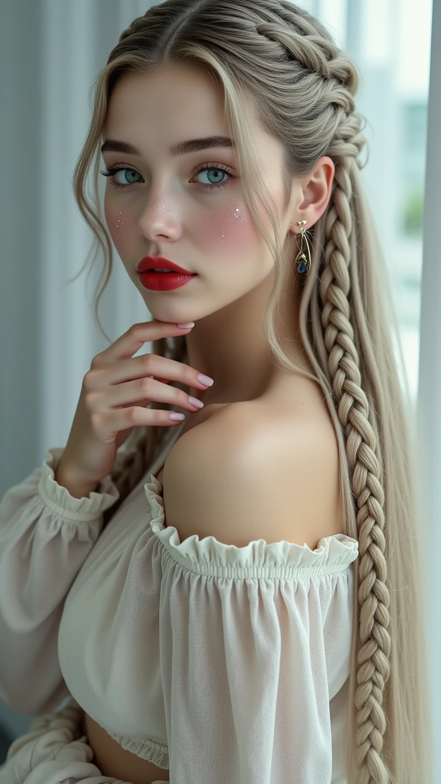 Mujer de cabello gris, ojos grises, realeza, vestido rojo, red jewelry, pendientes rojos, Lunar, nobleza, Noble, alta calidad, Altamente detallado, Cara detallada, Obra maestra, castillo, drinking tea, sode, flores, Luces