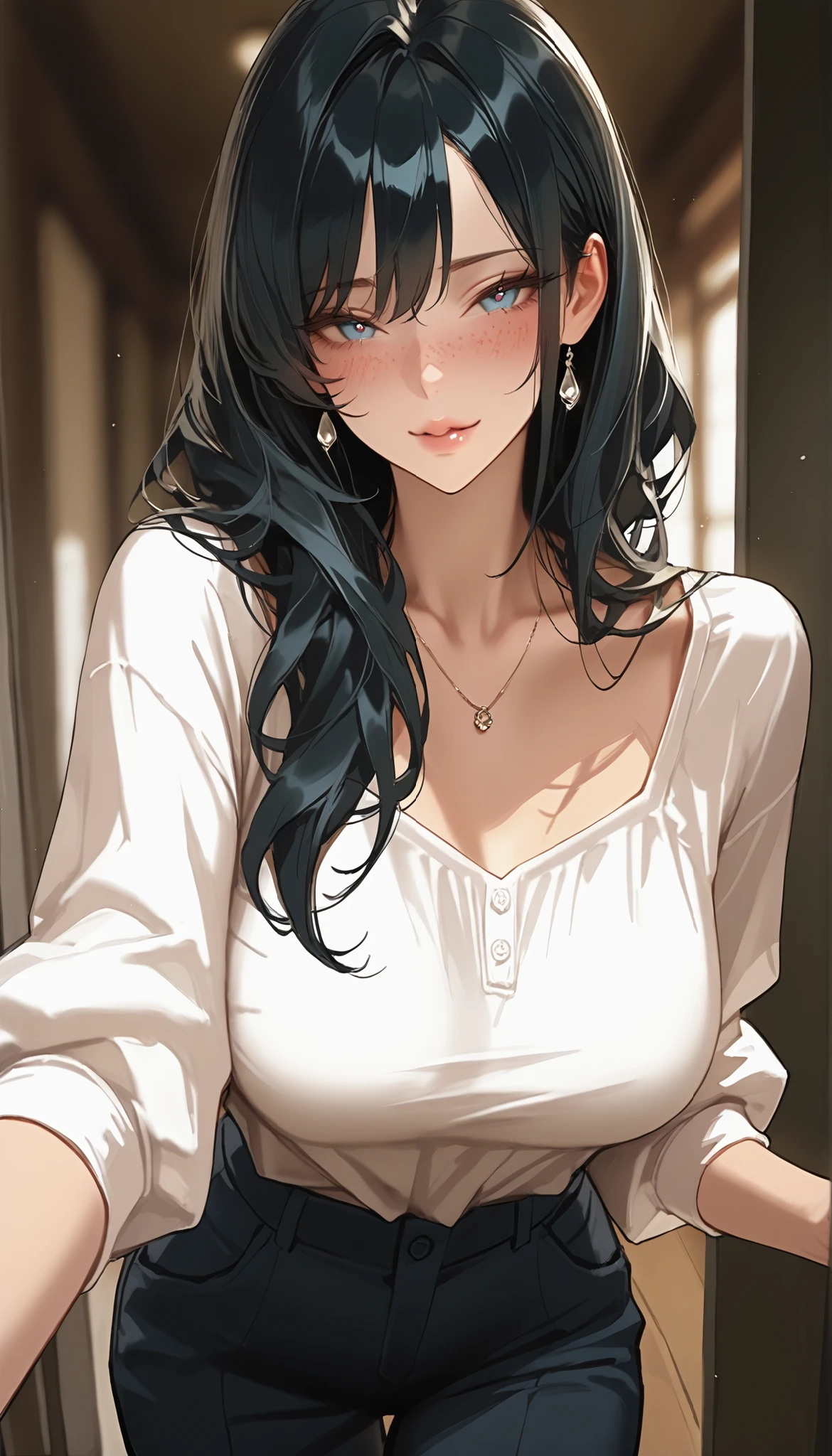  masterpiece, best quality, cinematic lens effect, highly dramatic picture, beautiful eyes , ultra cute, ultra sexy, beautifully medium shaped breasts, ultra detailed, 8k, ((Supermodel)), Anime, blush, Beautiful Women, Blush, freckles, Long Black hair, seductive pose, turtle neck White Blouse, pants, In Love, All Naughty, Cheerful, Blush