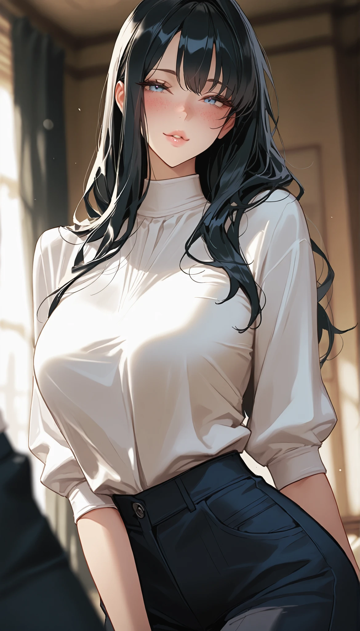 masterpiece, best quality, cinematic lens effect, highly dramatic picture, beautiful eyes , ultra cute, ultra sexy, beautifully medium shaped breasts, ultra detailed, 8k, ((Supermodel)), Anime, blush, Beautiful Women, Blush, freckles, Long Black hair, seductive pose, turtle neck White Blouse, pants, In Love, All Naughty, Cheerful, Blush