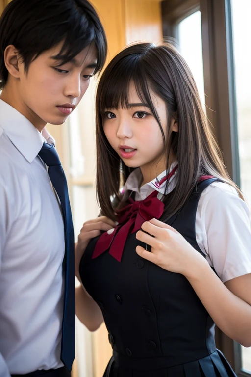 3boy,1girl,(man gropes breasts from behind:1.8),(man rubs breasts from behind:1.8),(man touches breasts from behind:1.8),(man rubs nipples from behind:1.8),(man chokes japanese woman from behind:1.8),(A japanese woman being molested by man:1.8),(A japanese woman raped by a man violently:1.8), (a japanese woman resisting molestation violently:1.8),(crying:1.7),(open mouth:1.4),(tear:1.3),(white collared shirt,long sleeve,dark blue bowtie:1.8),(torn crothes1.1),(hair ornaments:1.4),(flat chest:1.9),(small nipples:1.8),(pale light colored nipples:1.8),(white skin:1.7),(skinny girl:1.8),(thin girl:1.8),(small girl:1.1),(blight brown hair, messy short hair:1.6),(motion blur effect:1.2),(dynamic motion:1.8),(contrapposto pose:1.8),(high quality vagina:1.8),(open vagina:1.7),(pussy juice:1.4),(creampie1.2),(anatomically correct:1.1),(detailed stface:1.8),(perfect anatomy:1.1),(grabbing from behind:1.5),(gangbang),(pubic hair:1.5),(breast grab:1.5),(sitting position, hug, face to face, straddle:1.5)