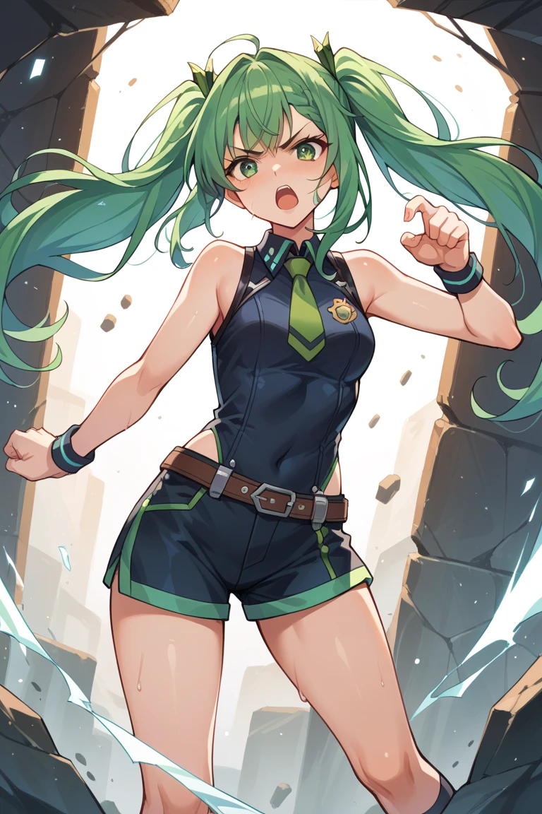 ((masterpiece, best quality)), 1girl, kitami erika, green eyes, green hair, long hair, one side up, side ponytail, star hair ornament, lincle, bare shoulders, gloves, shorts, elbow gloves, fingerless gloves, thighhighs <lyco:kitamiErikaBeatmania:0.7>