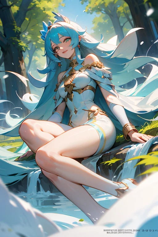 A beautiful 20 years old girl walking in a field of flowers, blue sky with white clouds, artistic fairy costume green mini dress, low-cut and sleeveless dress, crystal high heels, defined hands and legs, full body, looks like a sexy model, a pair of translucent wings, butterflies around, big rounds breasts, cleavage, high heels, dark brown hair, long hair, wavy hair, long bangs, expressive hair, shiny hair, hairclip, hairband, leaf hair ornament, aqua eyes, glowing eyes, pupils sparkling, blush, glossy lips, crystal earrings, pointy ears, smile, fingersmile, seductive smile, naughty face, Color Field painting, high detail, anime, dithering, image fill, first-person view, wide shot, from above, perspective, Wide-Angle, f/1.8, 85mm, Sony FE GM, 8k, 8k wallpaper, super detail, highly detailed CG, UHD, retina, masterpiece, accurate, anatomically correct, textured skin, highres, best quality:1.3, 16k