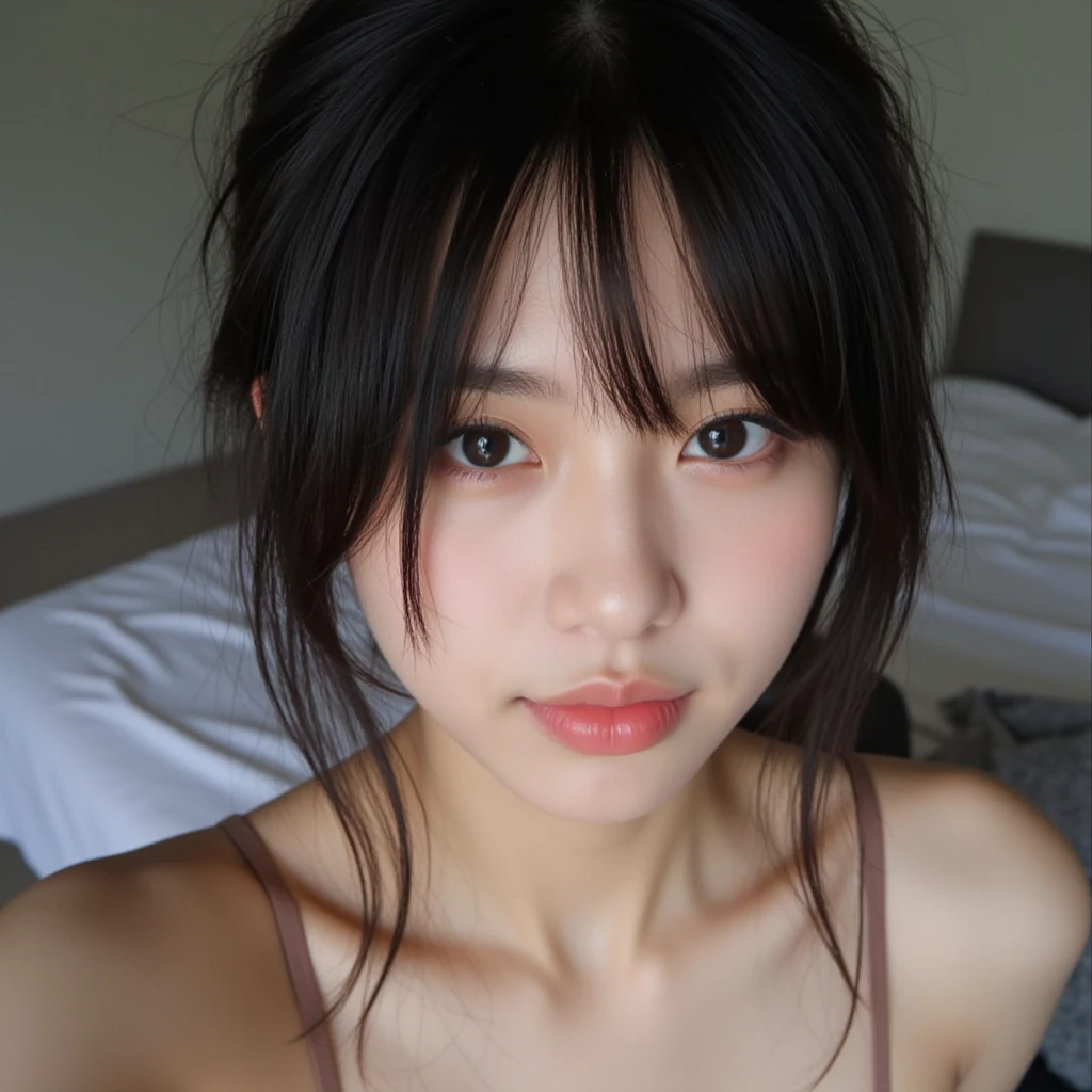 bikini,short shorts,,(open mouth:1.5),(tongue out:2),lying,overhead shot,side view,face focus,(1girl,Beautiful 14 year old girl,teenager),((Slender,Small breasts,Small face,)),(looking at viewer),Black Hair,bangs,one side up,Beautiful and detailed,(Dimly lit room:1.5),Black bed,pillow,Mischievous smile