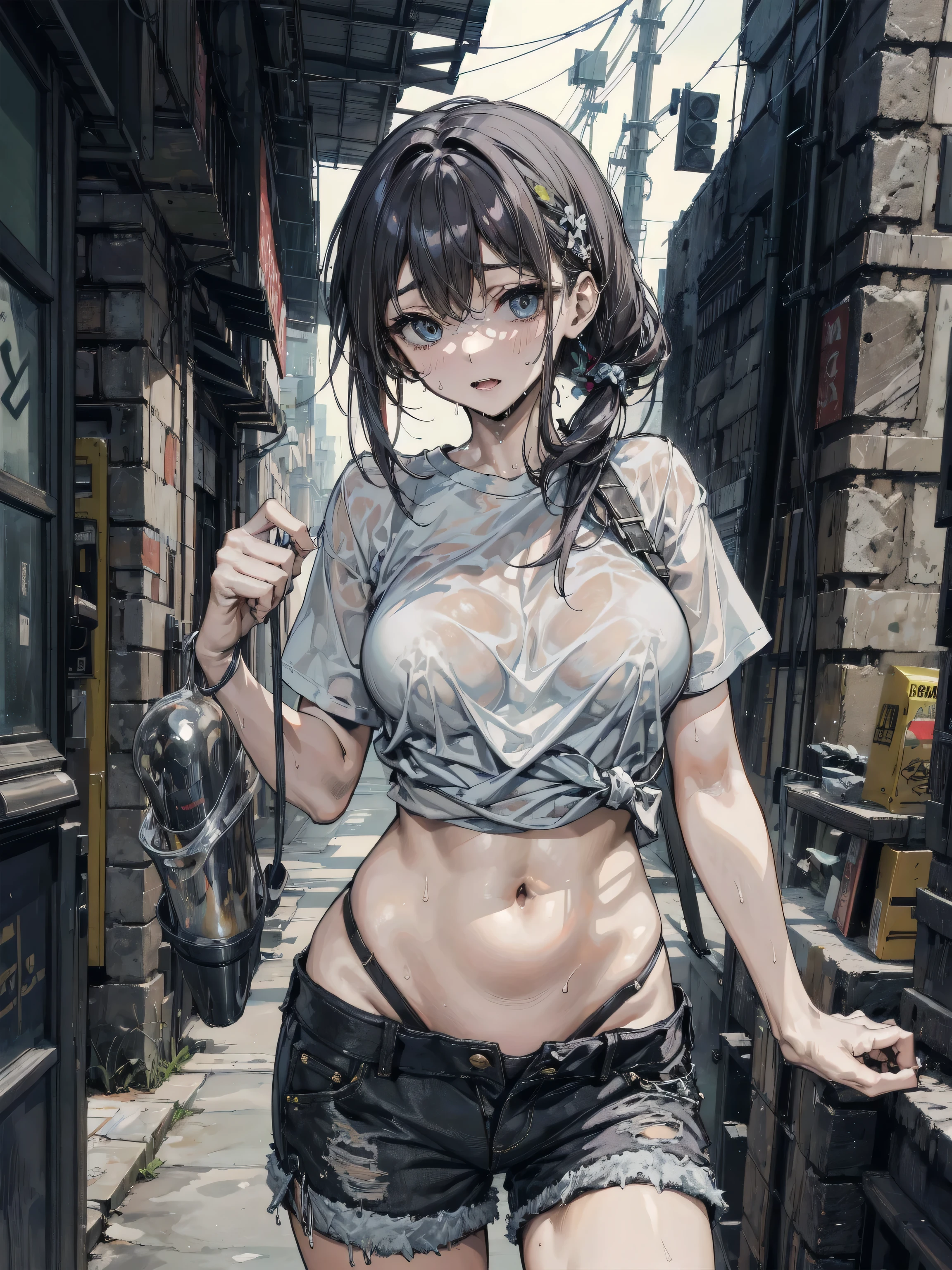 ((top-quality)), ((masterpiece)), ((ultra-detailliert)), (extremely delicate and beautiful), Digital art, (extremely detailed fine touch:1.3), (2D:1.3), dark lighting, horror movie scene, 1girl, solo, short hair, torn clothed, (((under-rimmed glasses:1.3))), (headphones:1.0), medium breasts, bare arms, The background is a typical Japanese high sclool with horror movie setting, holding guns, dirty skin, sweaty
