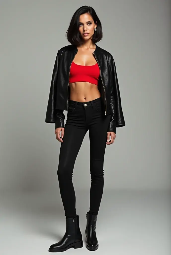 Michelle rodriguez with bob cut hair full body view until leg at age 44,wearing short jeans and black elephant skin jacket,thight red crop top inside,long shoes