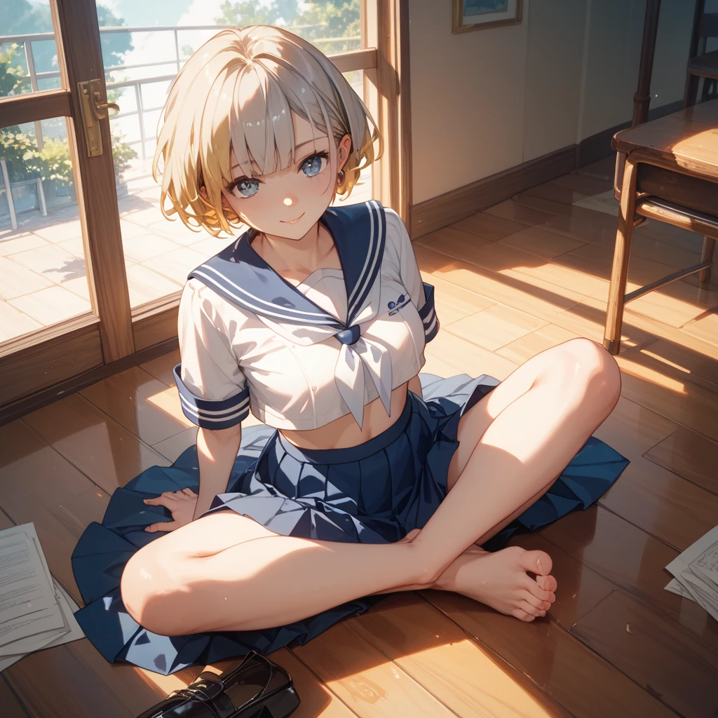 very cute and beautiful girl,(Very detailed美しい顔), (smile),blush,Black Hair,Seraphim,((Blonde、Short Hair)),(White Shirt、Pleated navy blue pread your legs、Squat)、Sitting、(From below)、(Lace panties), Country road, (Highest quality,masterpiece:1.0),Absurd,High resolution,Super detailed,Very detailed,32K,8k resolution, Intricate details,Movie Scenes,Detailed Background,alone,Dynamic Angle,
