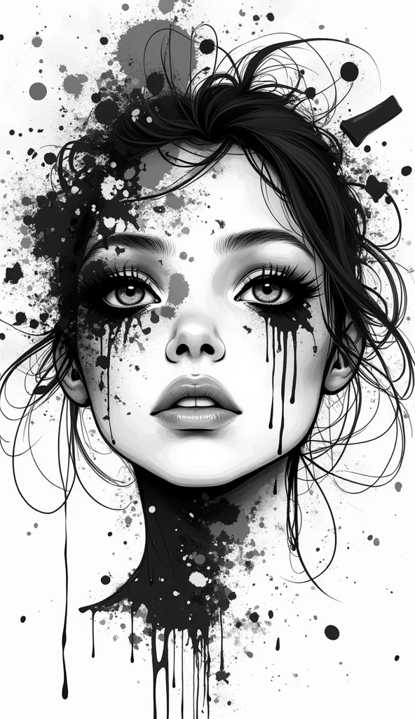1girl, Black and white ink drawing, Hyperrealistic, splash art, concept art, mid shot, intricately detailed, dramatic, 2/3 face angle