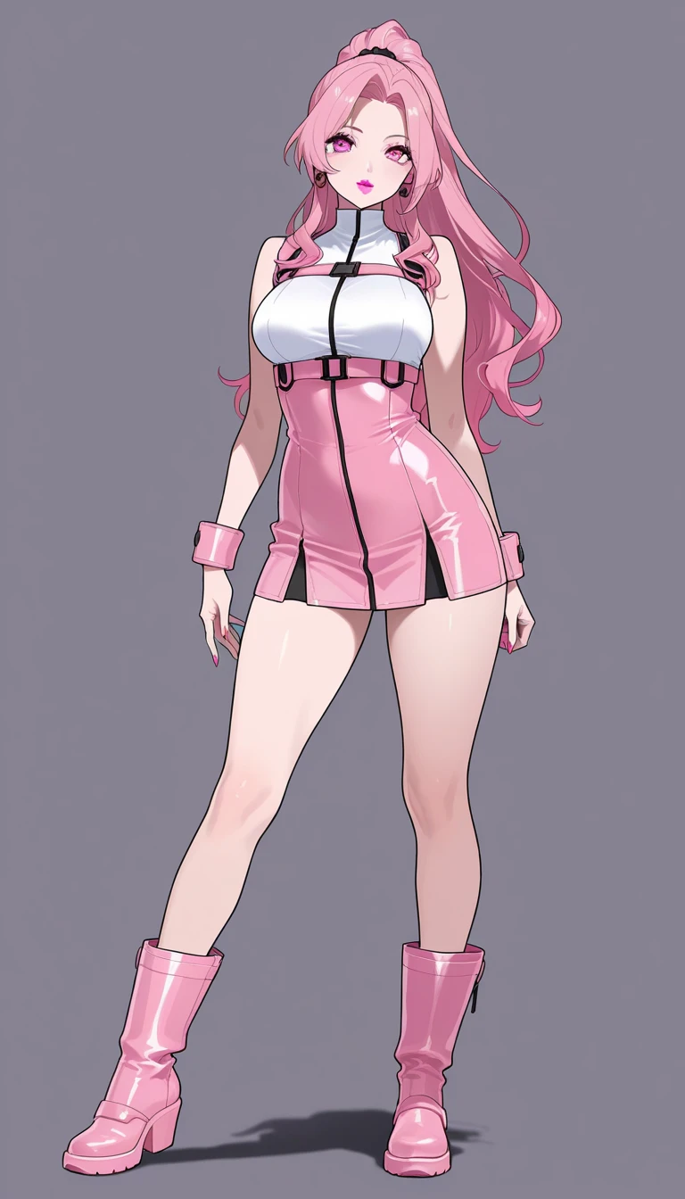 cute,pink hair,pink bikini,front,Squat down,small toy between legs,camel toe,hot expression,transparent clothes,Hands on the ground behind your back,headspace,Put one hand on your belly,Extremely huge breasts