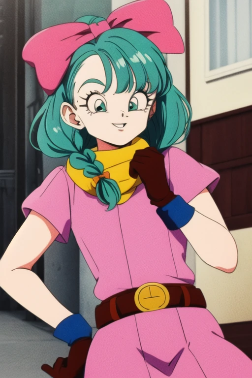 masterpiece,best quality,highres,1girl,solo,1980s \(style\),dragon ball,blmpony,aqua hair,hair ribbon,braided ponytail,pink shirt,belt,scarf,pink skirt,clothes writing,brown gloves,medium breasts,street,smile,