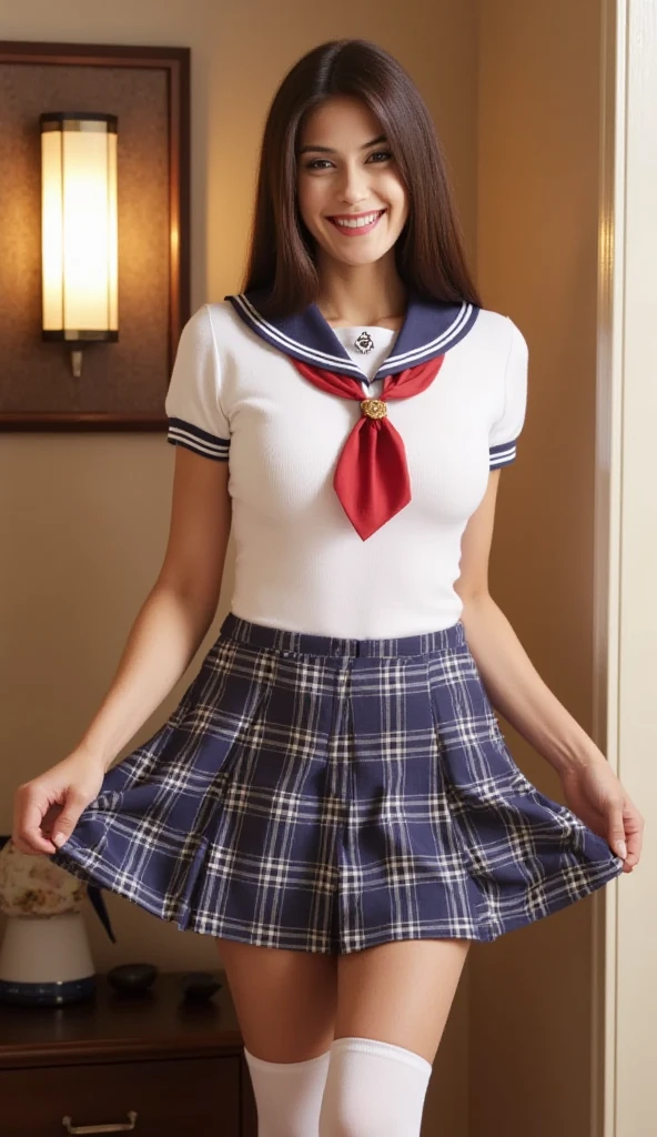 seifuku cosplay,seifuku cosplayershort hair,arm behind,front body, front face, slender body,standing ,(8k, RAW photo, best quality, masterpiece:1.2), (realistic, photo-realistic:1.37), ultra-detailed,(detailed beautiful girl:1.4),1 girl, full body shot,