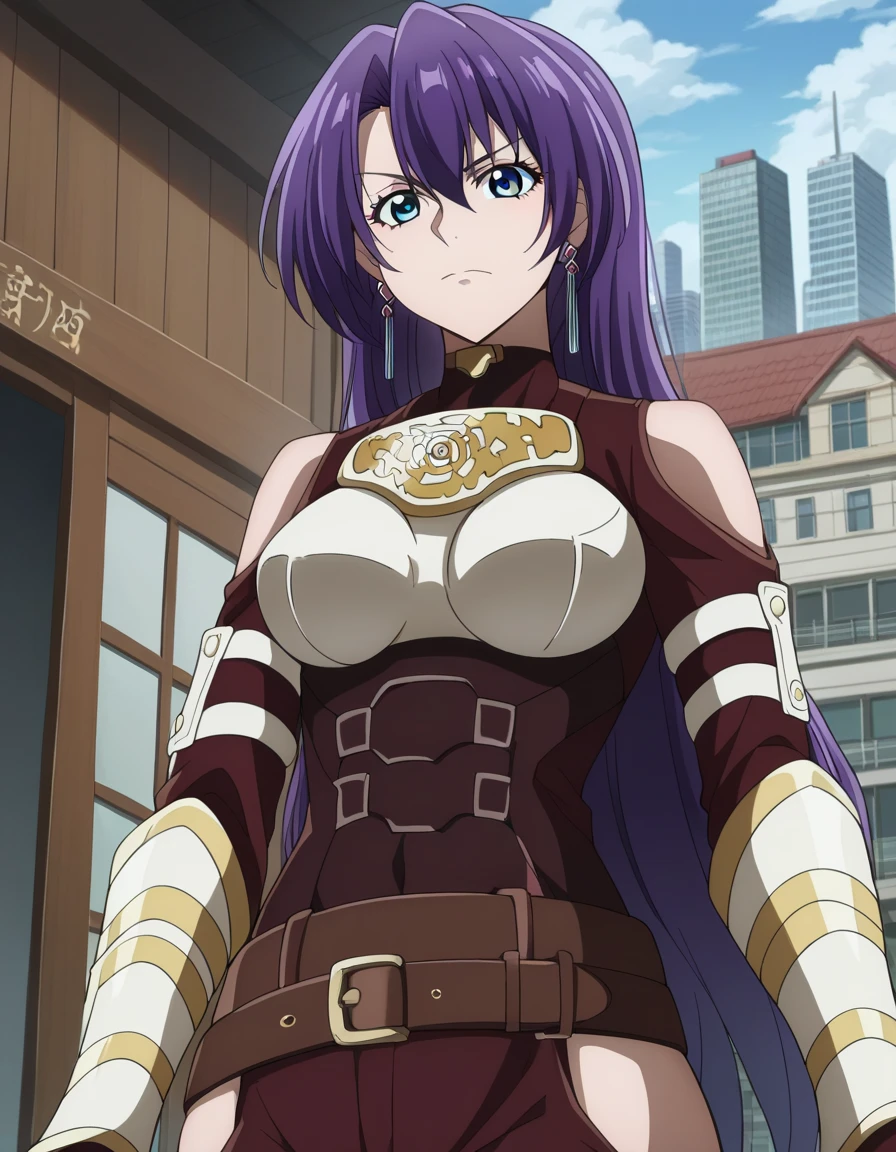warrior woman with (huge breasts) and a purple ponytail stands in a medieval city, wearing intricate armor, (8k uhd, masterpiece, best quality, high quality, absurdres, ultra-detailed), 1girl, ((detailed hands)), easynegative, FastNegativeV2, ca21mv6-235, anime screencap