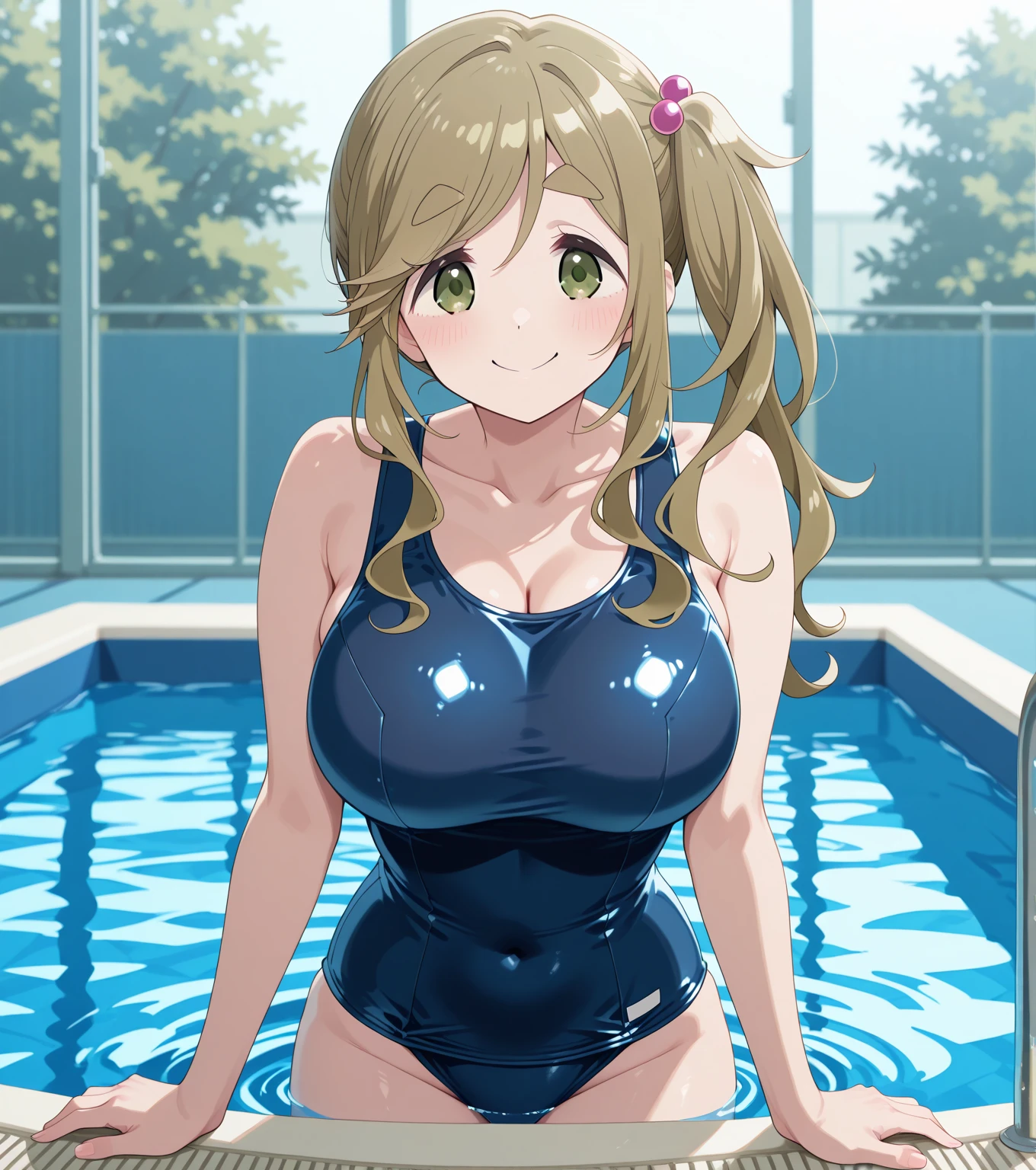 Absurd, Super detailedな,(In 8K:1.3),Masseter muscle area,(masterpiece:1.2)、(Highest quality)、4K、Super detailed、(Movement Structure:1.4)、(Shining Lights、Atmosphere lighting), High resolution, Best Quality、(One girl:1.4),Super detailedな,Bright colors、Treebreak Production Art、(Warm color light source:1.2),High-level image quality、Fine image quality、Intricate details,Volumetric Lighting,Realism BREAK、Profile、 Idol face、15 years old、Very beautiful face and eyes, Beautiful images、
natural make up、puffy eyes、catchlight eyes、deep detailed eyes、
(Big Tits:1.2)、(glossy skin :1.5),(curvy body:1.2)、
(Be embarrassed:1.4),
(blonde hair、blunt bangs、twintails、wet hair),
(Be embarrassed:1.4),
Dark navy eye color.
(A school swimsuit with a vivid texture:1.3),
(super wet skin:1.2) 、(Breast bag)、 (School swimming pool),(Baby Face:1.5)