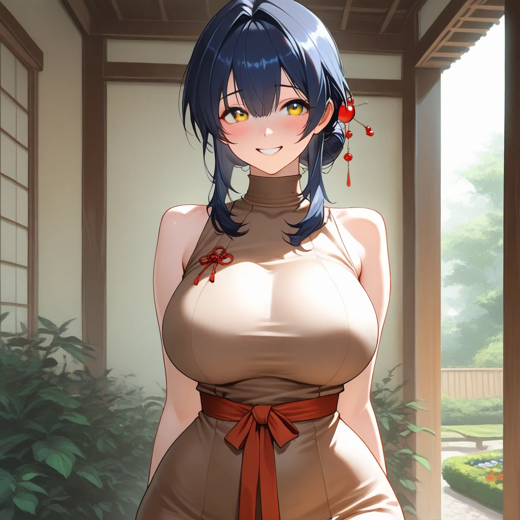 score_9, score_8_up, score_7_up, score_6_up, uncensored, Yor Briar, black hair, earrings, white hairband, hairband, long hair, sidelocks, red eyes, lips, naughty face, shiny skin, sweating, steaming body, heavy breathing, BREAK (masterpiece:1.2), best quality, high resolution, unity 8k wallpaper, (illustration:0.8), (detailed eyes:1.3), extremely detailed face, perfect lighting, extremely detailed CG, (perfect hands, perfect anatomy), large breasts, narrow waist, purple kimono, floral print kimono, obi, holding large hand fan, standing in the Japanese garden