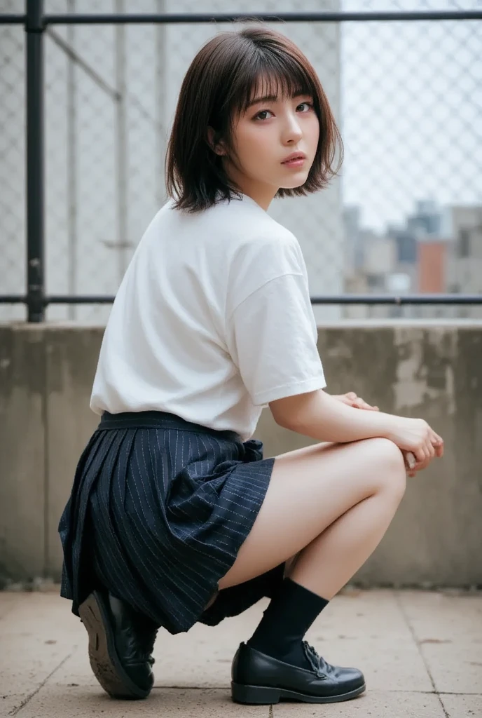 Best-quality, Masterpiece, Ultra-High-Resolution, (Photorealistic:1.4), Raw-Photo, 1girl, solo, 12-years-old, the most famous Japanese idol, ((squatting, opinion legs):1.5), innocent smile, (extremely cute face like the most popular Japanese idol, (((extremely beautiful big-black-eyes))), extremely beautiful black-short-cut-haired), extremely beautiful long-eyelashes, extremely beautiful lips, extremely beautiful skins, perfect-proportion, extremely beautiful thighs