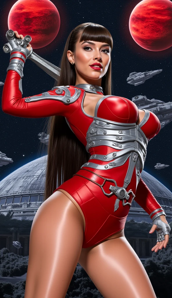 Lucy Pinder, smiling, Sexy woman, voluptuous, posing, red storm trooper armor, very intense makeup, bright lipstick.