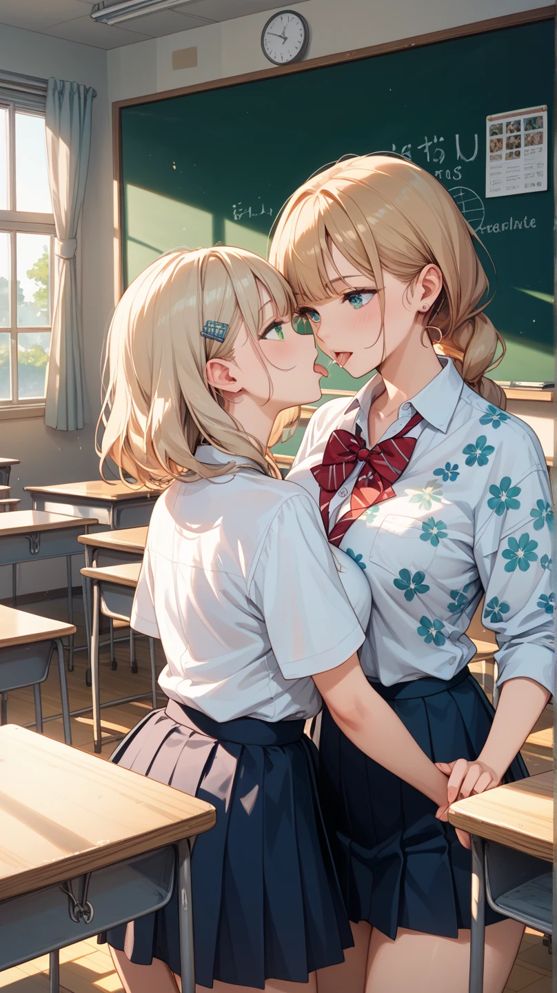 Dynamic posing, dynamic angle, Arrange pose,Top quality work,Show Legs,((short wavy Creamy Golden Blonde hair)),(Creamy Blonde hair),(short hair),(wavy hair),(golden eyes), ( 16 years old), lovely red lips, Rose cheeks, Pretty Face, A perfectly proportioned face, school shirt with red bow and black skirt, (school uniform), white stockings,in classroom,full-body view, amazing, Large round chest、Beautiful eye details、Beautiful eyelashes、beautiful double eyelid, with blush cheeks, talking to viewer, anime vtuber full body model, casual real life,(((kiss)))