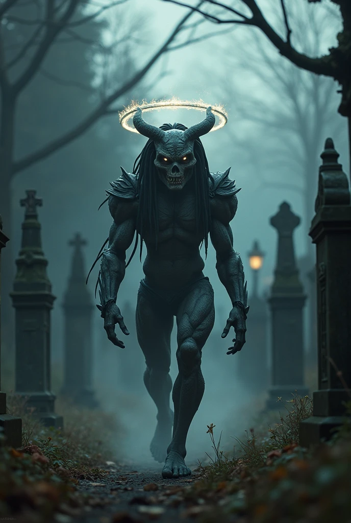 Black ager with tail and horns standing at crossroads in a cemetery, on his back catches fire