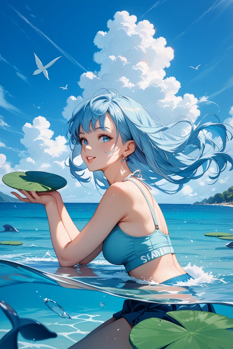 Open-mouthed smile, top quality, masterpiece, beautiful blue eyes.