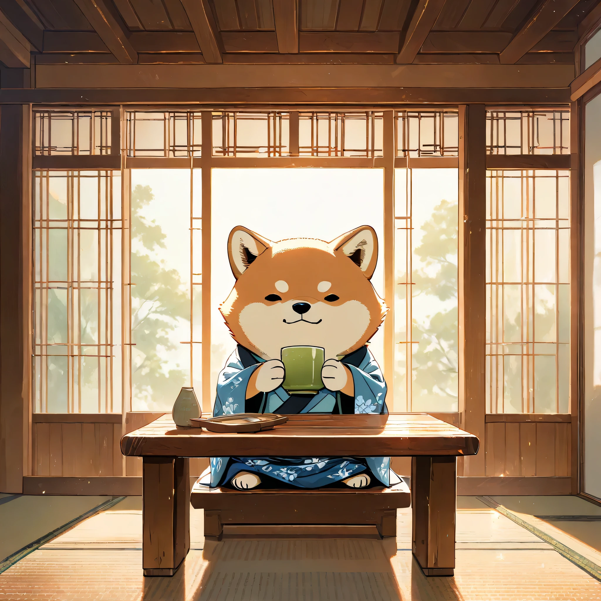 (masterpiece, best quality, ultra-detailed), a cute stylized anthropomorphic semi-human Shiba Inu with a rounded face, small black puppy-like eyes, short light brown fur with white markings, and symmetrical forward-facing ears. It is wearing a traditional Japanese kimono with sleeves, decorated with subtle floral patterns. The Shiba Inu is sitting upright like a human on a simple wooden chair inside a calm Japanese-style café, at a small round wooden table. The interior features soft lighting, shoji screens, and wooden textures. Holding a warm cup of matcha green tea with both hands, it lifts the cup toward its mouth with a peaceful expression, gently closing its eyes in satisfaction. The mood is quiet and comforting, with golden afternoon sunlight filtering through the windows. The full body is shown in a 1:1 composition, in a soft anime style.