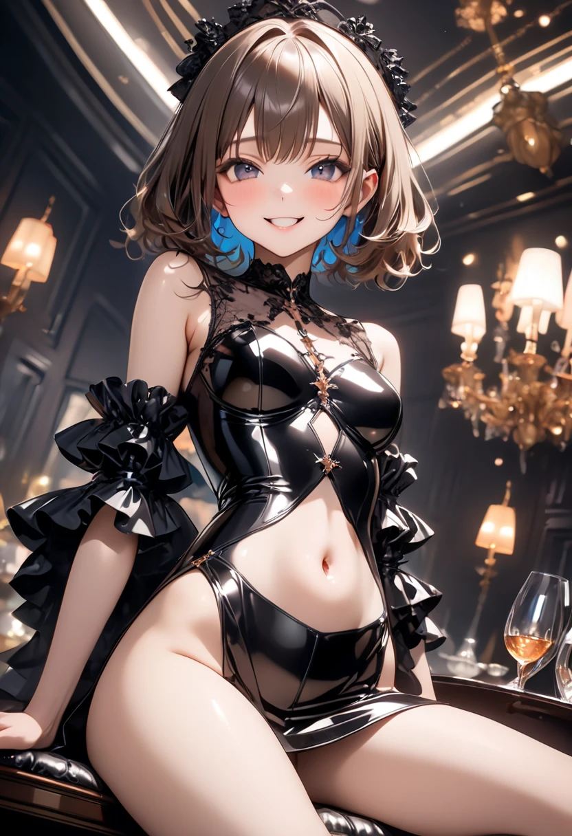 (((Wearing an elegant, shiny gothic dress, corset and skirt, hose))), skinny, solo, 1 woman, Masterpiece, highest quality, highest quality, 16K, incredibly absurd, highly detailed, 2.5D, ai-generated, delicate and dynamic, very delicate facial expressions, delicate eye depiction, erotiy sexy woman,A cute and kind face)), healthy figure, ((25-year-old woman)), 160cm tall, medium firm swaying bust,, blush, Sweat,Embarrassed,sexy, ((thin ths)), (camel toe:0.5), (ipples:0.5), (Erect nippl), shiny and lus, facaight at viewer, smile, (y_skin)), ((dutch angle)), ((erotic pose)), Fashion Model poses, Fashion Model, (Close-up),