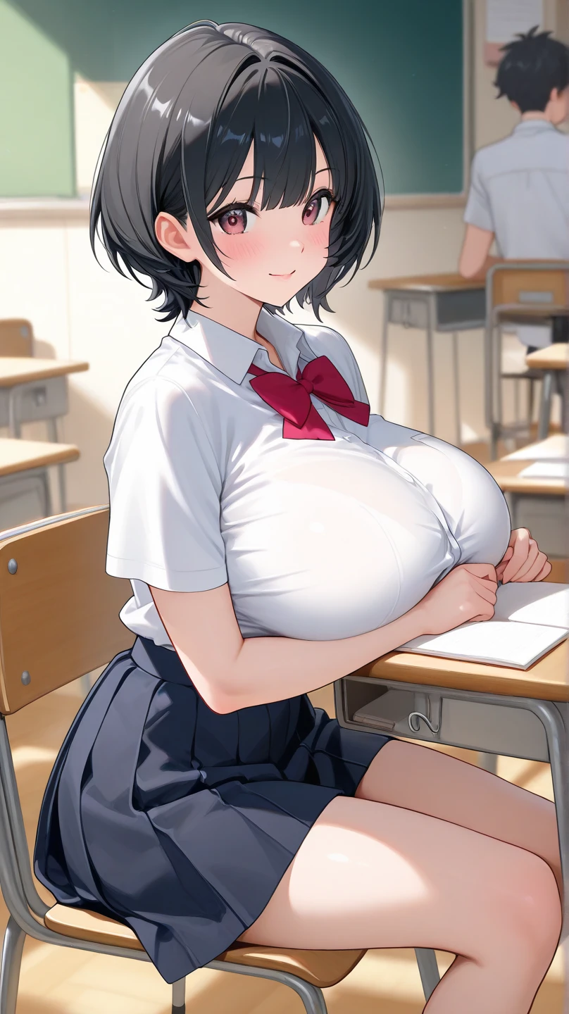 One Woman、beautiful girl、Maid、20-year-old、Bobcut、Western-style building、Maidの制服、Maidカチューシャ、Short skirt、Black Pantyhose、Highest quality, smile,Big Breasts、Very big boobs、Put your on the table、 sinking into the table、Put your boobs on the table、Bust up angle、Place breasts on table、Put your boobs on the table、Place your chest on the table、Poses that emphasize the breasts、Sit on a chair、Put your on the table