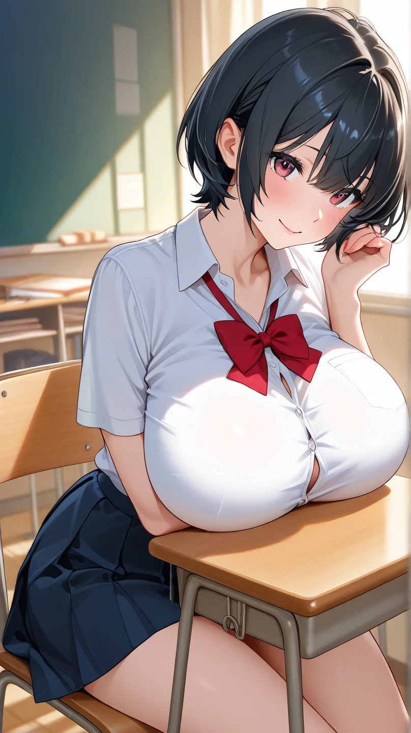 One Woman、beautiful girl、Maid、20-year-old、Bobcut、Western-style building、Maidの制服、Maidカチューシャ、Short skirt、Black Pantyhose、Highest quality, smile,Big Breasts、Very big boobs、Put your on the table、 sinking into the table、Put your boobs on the table、Bust up angle、Place breasts on table、Put your boobs on the table、Place your chest on the table、Poses that emphasize the breasts、Sit on a chair、Put your  on the table