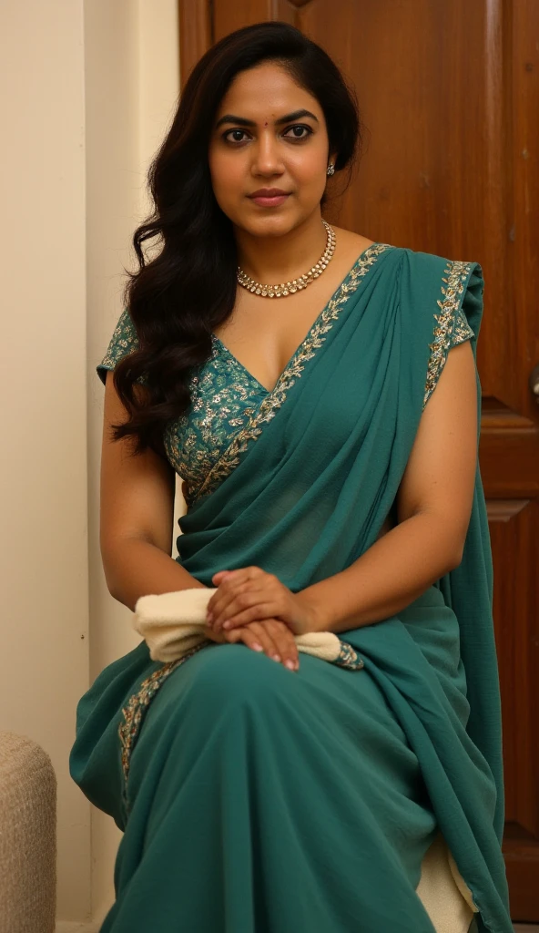 South Indian women, wearing cream colour chiffon transparent shiny skirt and light green shirt