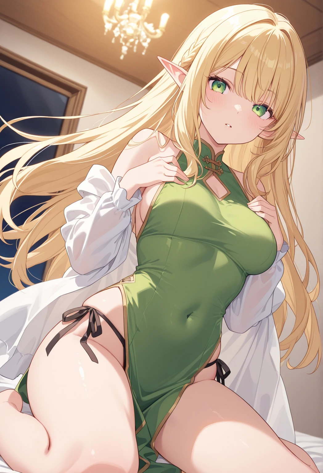 (masutepiece:1.5), the Extremely Detailed CG Unity 8K Wallpapers,Vivid colors,(Realistic,Photorealsitic,hyper realisitic:1.5),(Curve,Model,glamor:1.5),Beautiful breasts,Farbe_aberration,beautiful detailed shadow,Beautiful eyes,Beautiful body,Beautiful skin,beautifull hands,(Large breasts:1.5),(Large_breasts:1.5),(a blond:1.5),(Blonde hair:1.4),Seductive smile, (parted_Lips),Hanging,(White bed,White luxury bedroom,White sheets:1.4),(White ribbon on the head:1.3),(Long hair, Ponytail:1.5),Attractive thighs,well-shaped thighs,green colored eyes,(Light green underwear:1.4),(See-through:1.5),( Standing:1.3),(gorgeous sexy underwear,Exquisite cloth,Ren Hao,Lace-trimmed bra,Lace-trimmed legwear:1.4),(delicate patterns,intricate detailes:1.4),red blush,shinny skin,(Tiny panties:1.5),parted_Lips, white_thighs thighs thighs thighs,(naughty expression:1.4),Quality hair、Realistic hair、Shiny hair,(Spread_Legs:1.2),(crosses_Legs),(Stick your crotch out in front of you:1.5), Anime girl in luxurious underwear sitting on bed, Elf Girl, Seductive Anime Girl, alluring elf princess knight, Cute anime wife in fancy underwear, elf princess, beautiful alluring anime woman, 2. 5 d cgi anime fantasy artwork, elf queen, Very detailed ArtGerm, Detailed Digital Anime Art,