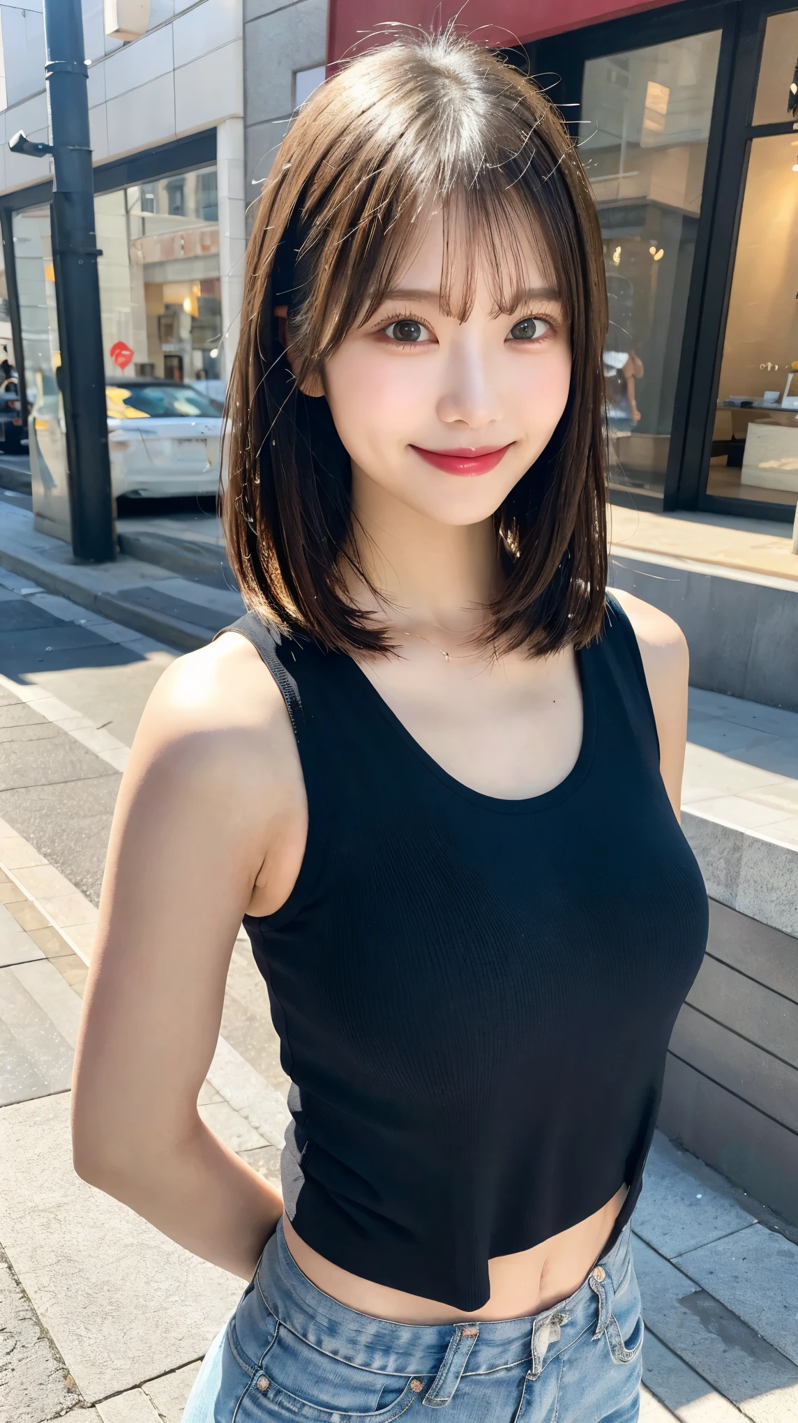 full body shot,Angle that shows the whole body,hyper hd, masterpiece, high quality, High resolution, 最high quality, High resolution, HD, 16k, 8K, 4K, 1 girl, short black hair, blue eyes, wearing a loose tank top, wide pants, confused, High resolution, super sharp, 8K, masterpiece, looking at the viewer,beautiful face,beautiful eyes,Ultra precision body,good mouth,blue background