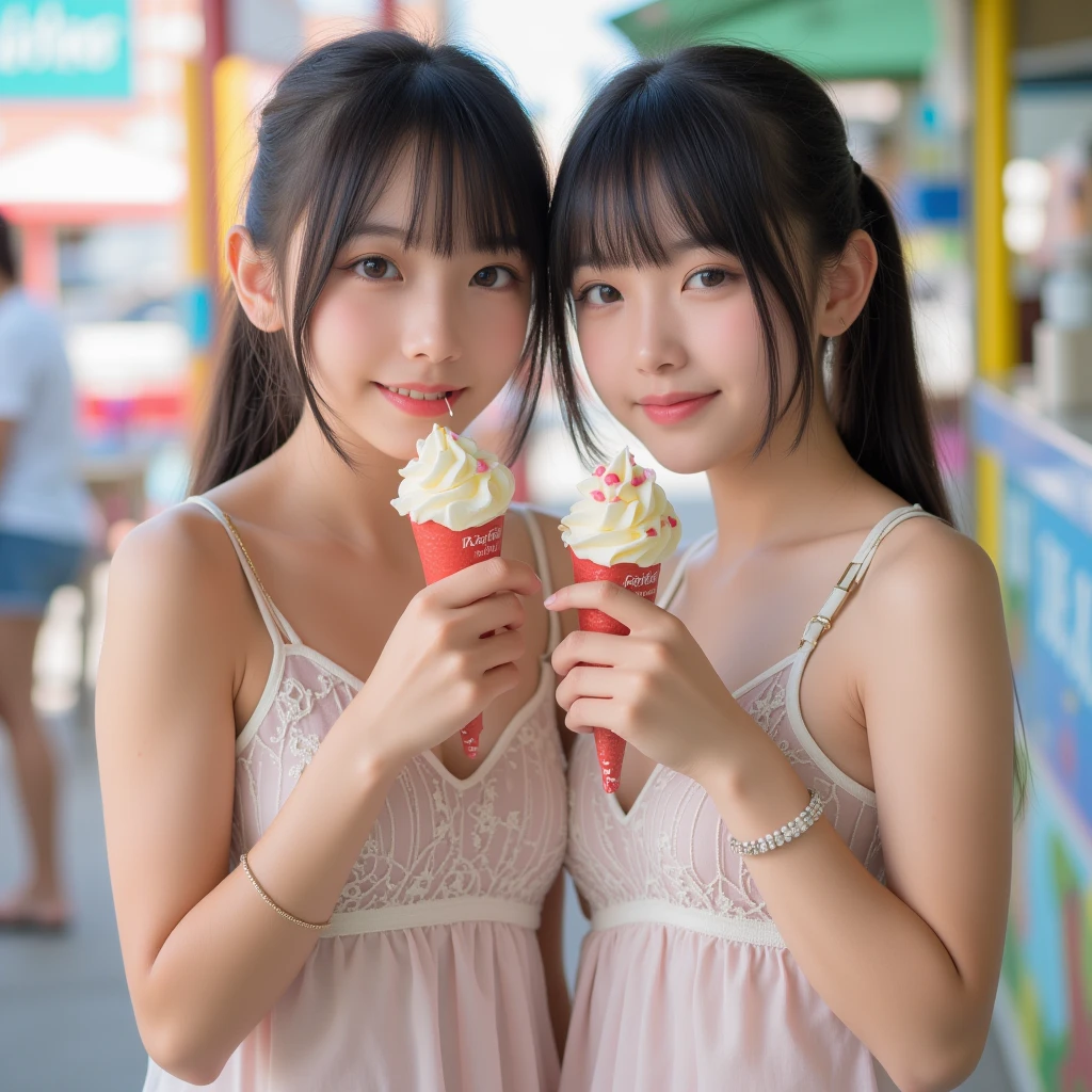 Two young girls, Face shining with sweat, Share the fun moment of licking ice cream together. For the heat of the sun、Small beads of sweat form on the forehead, Emphasize flushed cheeks. Despite the heat, Their determination to taste ice treats remains unshakable. While licking melted ice cream, They feel a refreshing coolness on the tongue, provide a respite from the heat,,,,. The contrast between flushed skin and dessert sweet relief is、zora々Create compelling images of resilience and fun. Sweat on the forehead、Emphasize active and playful nature, showcasing her adventurous spirit. Every time you lick, They exchange glances, It's not just about the fun of ice cream、Share a unique and unbreakable bond. Right now, Sweat serves as a testament to their shared experience, Remind them of the thrill and joy of indulging in the simple joys of life, Even on hot days.