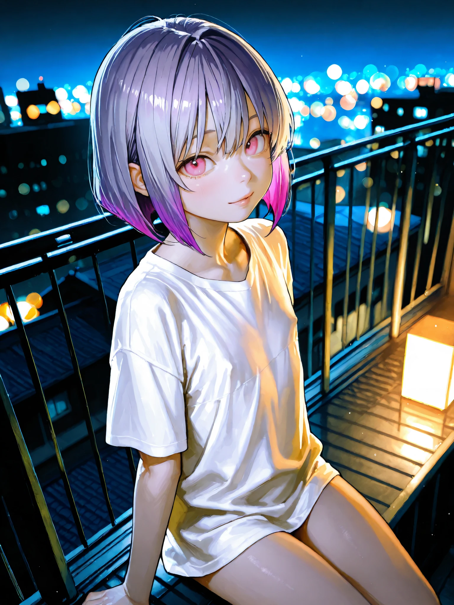 short girl, 1 girl,is young, flat chested,realisticな外観, big pink eyes, short bob、Gradation color purple hair and gray hair、plain shirt、I can see my chest、I can see my chest、sit、She has a lewd appearance.、naked、from above、Outdoors、Building Rooftop、 night view、細部にこだわったrealisticな影、movie stills, real、Highest Quality, realistic, 4K Rendering, ultra-fine texture, professional , bright color, Bokeh