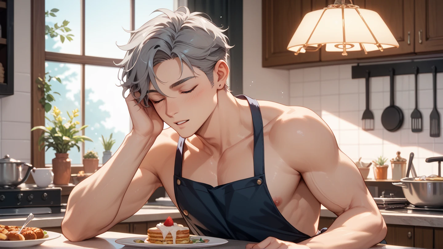 handsome man,Not wearing a shirt,white skin,Handsome face,Shirtless,Full HD,masterpice,short hair,Arm muscles,Chest muscles,smiling, happy,Wear cream-colored pants.,V Shape,making pastry dough,Enter the kitchen in pastel colors.,Beat flour to make dessert,male body,sexy body,Cake strawberry,Handsome face,pink hair,Moisturized mouth,Seductive eyes,Topless,blue eyes,licking Ice cream,whipped cream,4K,Beat the pastry dough