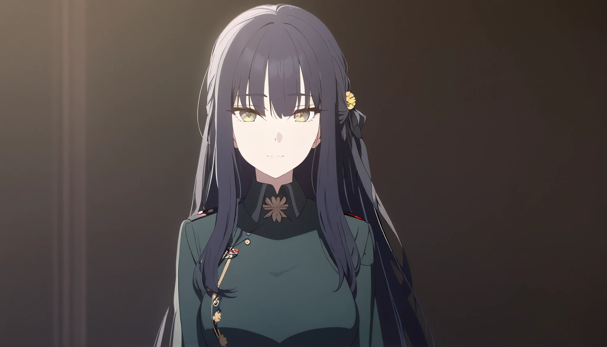 masterpiece, best quality, solo, 1woman, mature, dark blue hair, long hair, marigold eye, medium breast, dark green japan military uniform, standing, looking at viewer, elegant, cold gaze, slight smile, black background only.