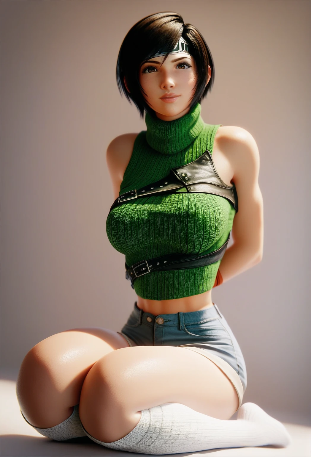 Yuffie Exaragi, yuffie kisaragi, (Black Hair:1.5), (Brown eyes:1.7), short hair, Pixie Cut,
クロップトップをBREAK, Fingerless gloves, Fishnet stockings Knee socks, fishing net, Forehead protector, gloves, head band, belly button, Short shorts, Shorts, Single Sleeve, Single knee socks, No sleeve, No sleeveturtleneck, Thighs Thighs Thighs Thighs, turtleneck,
Blake Cowboy Shot, View your viewers, 
Indoor rest,
BREAK (Tabletop:1.2), Highest quality, High resolution, unity 8k wallpaper, (figure:0.8), (Beautiful attention to detail:1.6), Highly detailed face, Perfect lighting, Highly detailed CG, (Perfect hands, Perfect Anatomy),Nipples are visible、Completely naked、smile