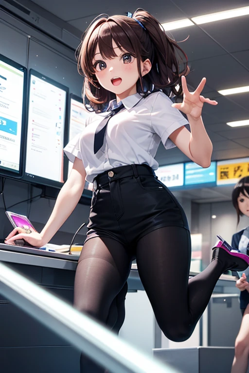 (((using only 256 colors))), drooping eyes, realistic skin, angle from below, clerk uniform, name plate, ID card, at a department store, customers, showing off her panties that were designed for adults,