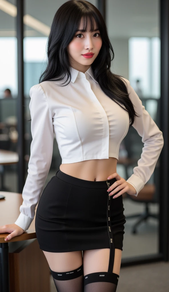 ((highest quality, 8K, masterpiece :1.3)), sharp focus :1.2, beautiful woman with perfect figure :1.4, thin abs :1.2, ((dark brown hair, big breasts :1.2)), (white button up long shirt :1.1), city street:1.2, Highly detailed face and skin texture, fine eyes, double eyelid, (white tight mini skirt:1.4)、thin legs、thin thighs、Are standing、((whole body)), ((full body:1.5)),