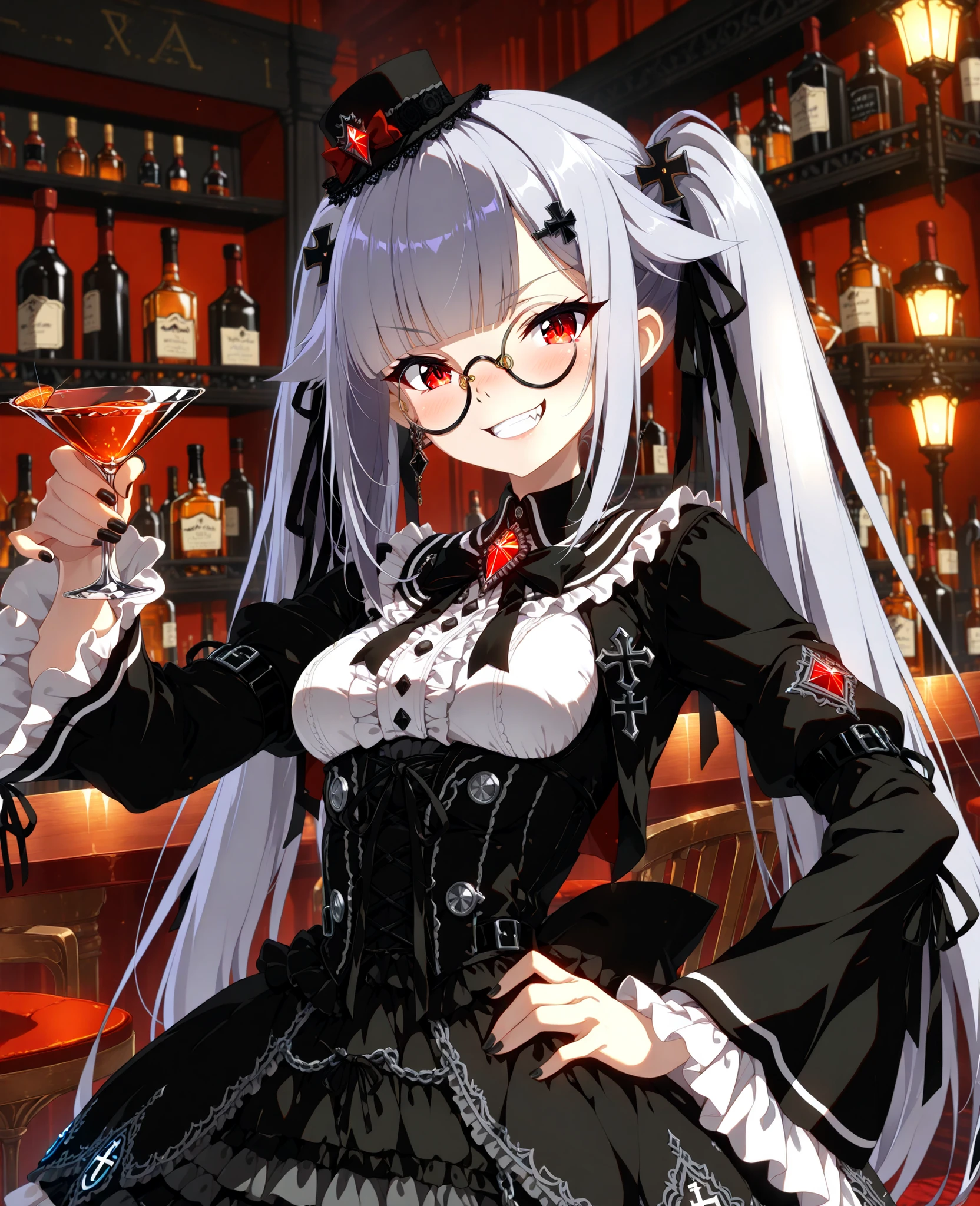 ((Exquisite Quality, masterpiece, best quality, ultra-detailed, vibrant colors, in 8K resolution, detailed illustration, rich contrast, best lighting, sharp focus, (EyesHD:1.3))). BREAK, ((Anime-style cute gothic girl with (silky light purple hair:1.3) styled in exceptionally long straight (twin-tails:1.3))), naturally flowing down her back, (tied with black long ribbons). ((Beautiful eyes:1.3), (glowing bright red eyes:1.3)), (blunt bangs and ((hair flaps)), and her bangs are straight). (dwarf, slender, (medium :1.3)), (beautiful nails, Glossy black nails). BREAK, ((wearing delicate, ((round (tiny) pince-nez glasses)), barely resting on the bridge of her nose, with black frames, (slightly slipping down her nose))). (bangs adorned with a black cross-shaped hairpin:1.3). BREAK, (wearing a predominantly black gothic outfit, detailed with intricate lace and (white frills:1.3), (gothic mini skirt:0.9), (a black lace choker:0.9)), (The modest dress features long sleeves layered with many black frills and lace, ruffled neckline and hem, and subtle embroidery), ((a very large elegant black ribbon tied at the waist), forming a decorative bow on the back of her dress), (she wears (a gothic mini-hat) adorned with ribbons and chains), (an elegant glowing red diamond brooch is attached to her :1.3). (wearing silky black thigh-high socks). BREAK, ((wearing a striking (red and black armband:1.3) on her one arm, symbolizing authority, or a secret organization)). BREAK, (hand on hip:1.2, holding cocktail glass:1.2). BREAK, ((confident smirk, self-assured smile, proud expression, victorious look, wicked grin, (open mouth:1.1), (fang))). BREAK, ((The background is (dark elegant gothic bar), (shadowy and dim:1.2), back bar, liquor bottles, gothic lamps, bar counter, bar chair)). (detailed background). (upper body:1.3).