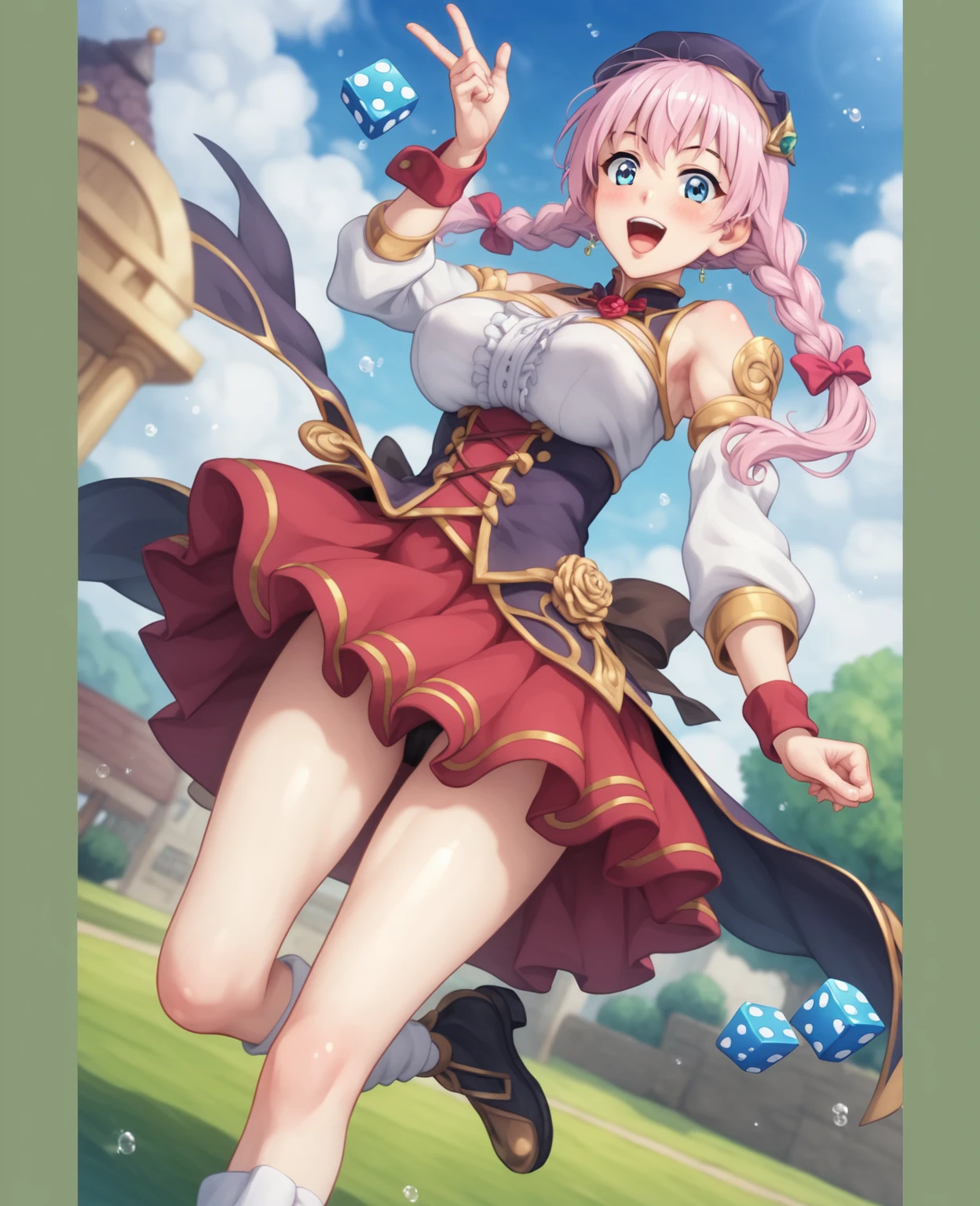 masterpiece, best quality, <lora:charlotte02:0.7>,<lora:style04:1>,1girl, breasts, pink hair, gloves, hat,grin, white gloves, looking at viewer,selfie,blue eyes, thigh strap, outdoors, red headwear, bare shoulders, bangs, :p, sideboob, smile, hair ornament, armpits, leaning forward, day, solo focus, dress, medium breasts, belt, jewelry, short hair