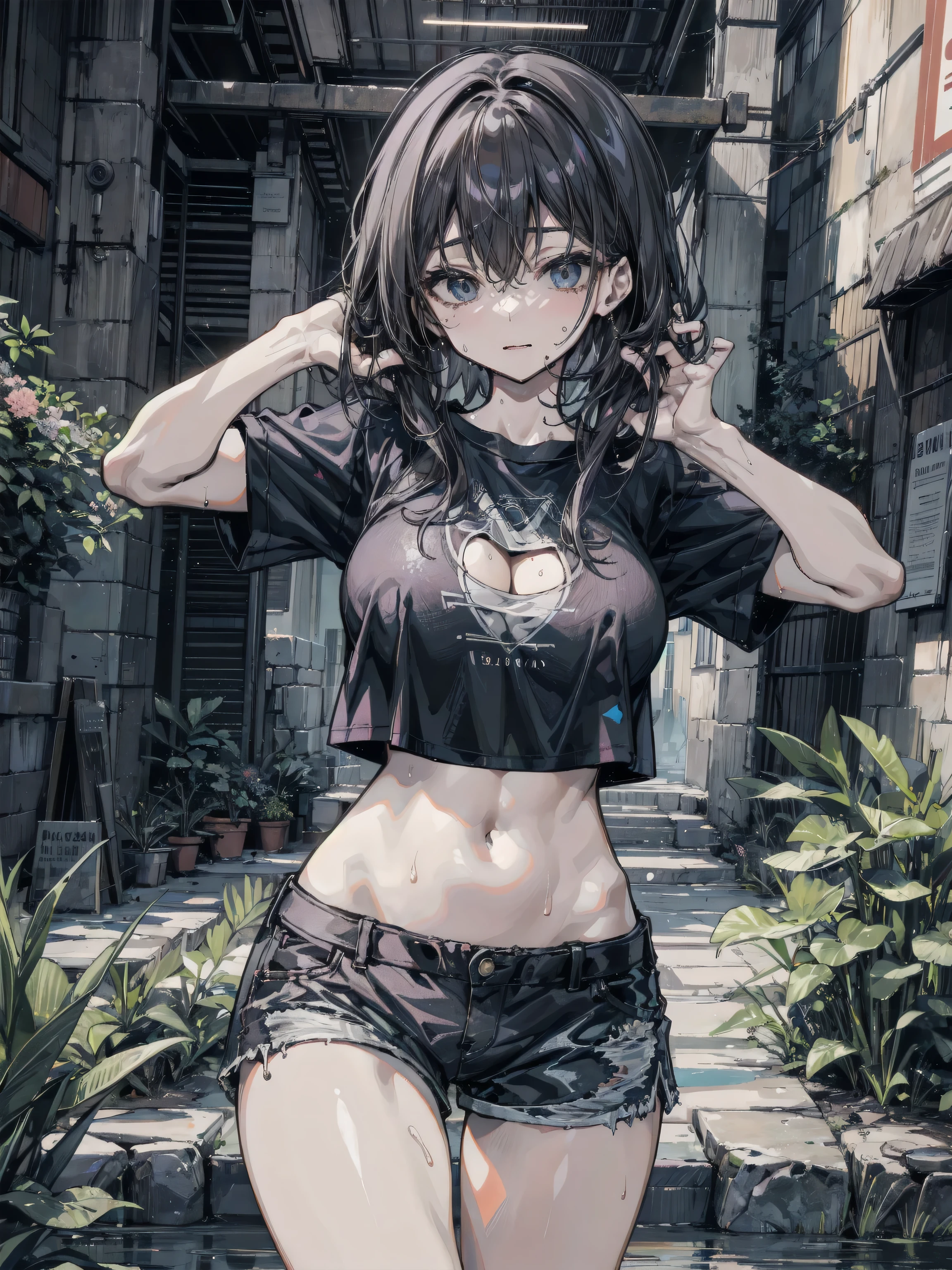solo, 1girl, (masterpiece), ((16 year old appearance)), short hair, ahoje, mohalk hair, small breasts, yellow eyes, ((detailed eyes)), (athletic body), (simple black cropped), Black top with red details, Looking at the screen, orange lipstick, visible abs, small mini skirt, navel, (collarbone), (dark forest scenery background)