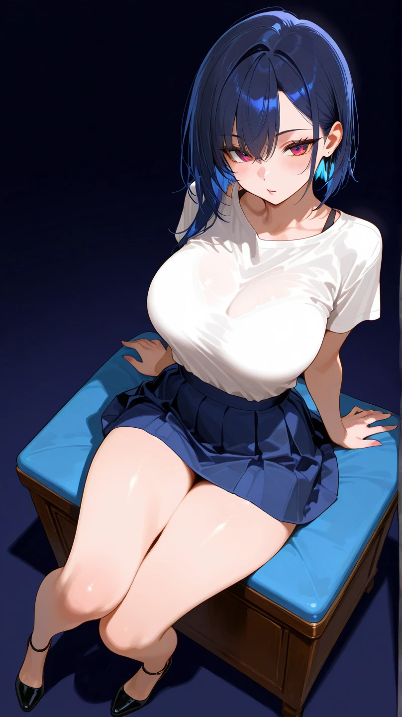 full body,masterpiece, high details, high quality, best quality, anatomically correct, masterpiece, textured skin, super detail,ultra-detailed, best quality, extremely detailed, 8k, high res, realistic, 1girl, 18yo, beautiful girl, (half closed eyes),(narrowed eyes:1.2),(open mouth), (blush:1.2),BREAK,(white tanktop:1.4),blue beautiful eyes, medium bob hair, (asymmetrical parted bangs), (dark blue beautiful hair),BREAK,(Lift your chest with your hands:1.5),(voluptuous bust:1.3),(Gaunt , thin waist:1.3),looking at viewer,white background,