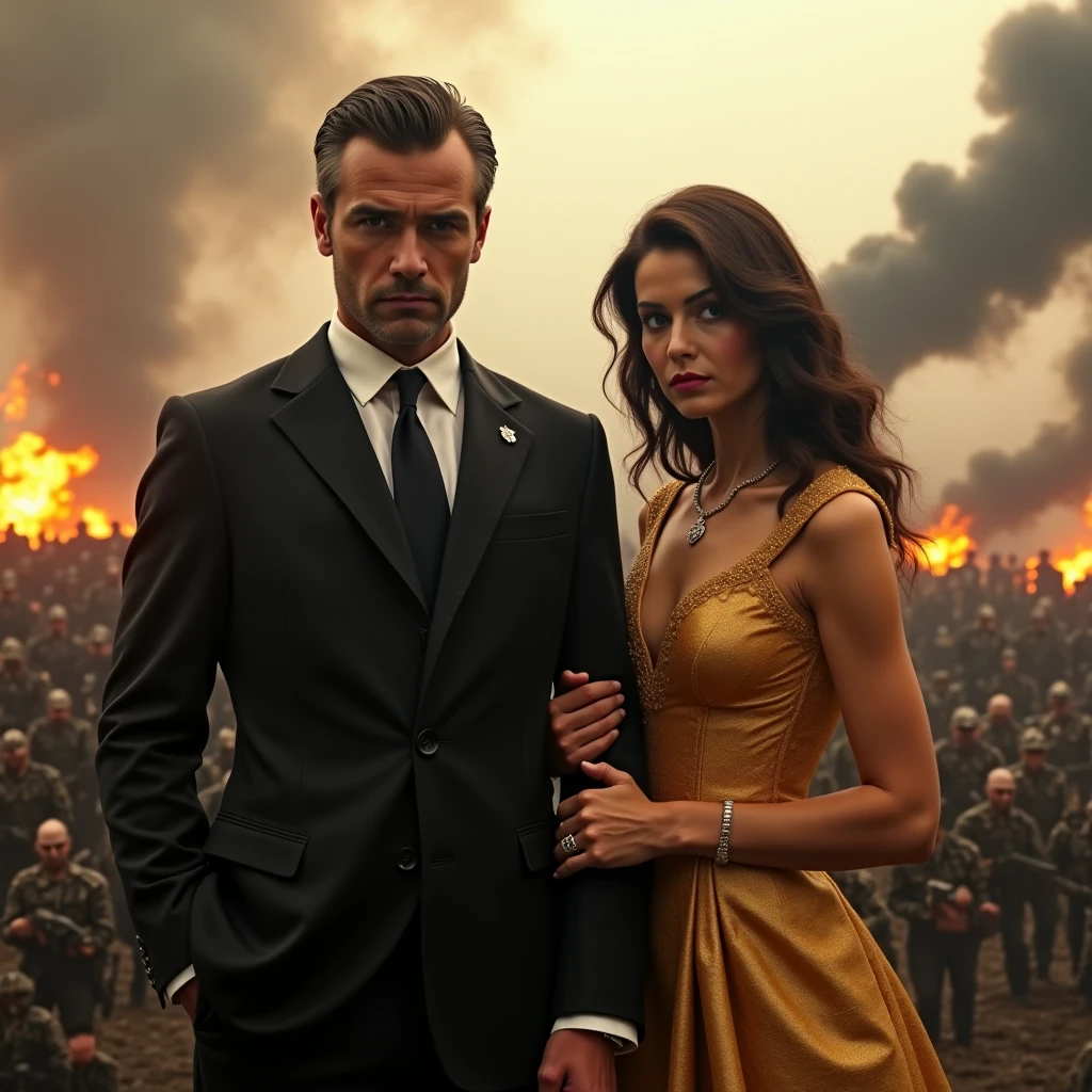 Create a striking movie poster featuring a young mafia boss in an expensive suit, exuding an air of power and mystery. He has a subtle beard and a confident stance. The background should showcase a high-octane action movie scene, with luxurious cars and intense action elements. Surrounding him are his bodyguards, armed with guns and standing in a protective stance. Next to the mafia boss is a beautiful woman, whose presence adds a touch of elegance and intrigue. The overall atmosphere should reflect a blend of danger, sophistication, and allure.